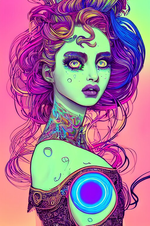 a award winning portrait of a beautiful woman with stunning eyes in a one off shoulder croptop and cargo pants with rainbow colored hair, outlined by whirling illuminated neon lines and fine lines swirling in circles by joe fenton, digital art, trending on artstation 