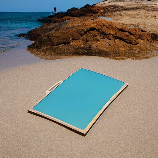 a rectangle-shaped wok with no food in it, on the beach