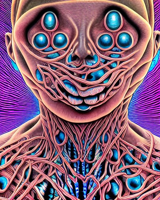 human body breaking away, conjuring psychedelic illustration, part by shintaro kago, part by alex gray, ultra realistic, highly detailed, 8 k, symmetry, fractals, grotesque, vibrant 