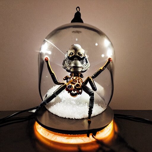 a metal spider with a gnome snow globe head, professional lighting 