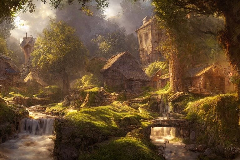 a medieval village with a stream in a forested valley by jessica rossier and brian froud cinematic painting 