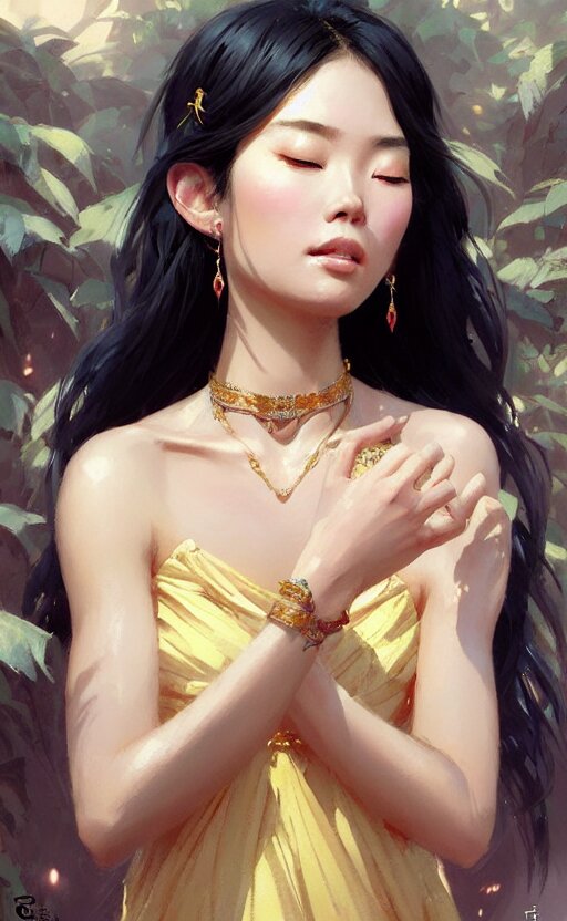 a beautiful taiwan goddess with sundress with jewelry | | winter, realistic shaded, unpleasant face, good looking, fine details, realistic shaded lighting poster by greg rutkowski, magali villeneuve, artgerm, jeremy lipkin and michael garmash and macoto takahashi 