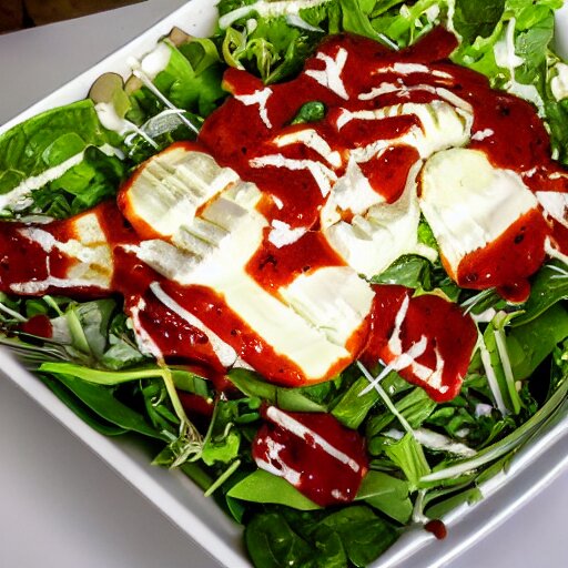 a giant salad that is the size of a building, with mozzarella and a lot of sauce, award winning photography, culinary art photography 