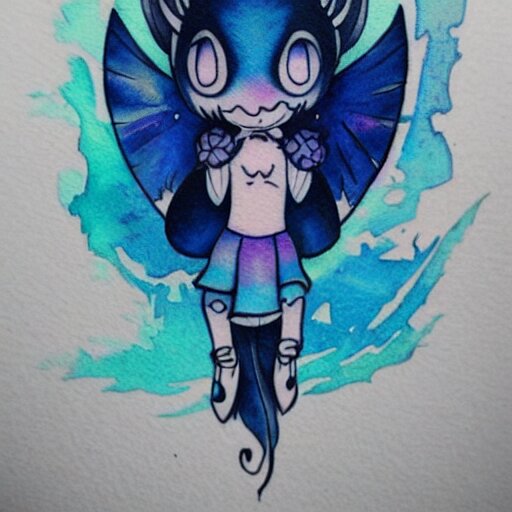 tattoo design of a cute blue will of the wisp character. watercolor 