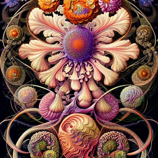 an ultra hd detailed painting of many different types of flowers by Android Jones, Earnst Haeckel, James Jean. behance contest winner, generative art, Baroque, intricate patterns, fractalism, rococo