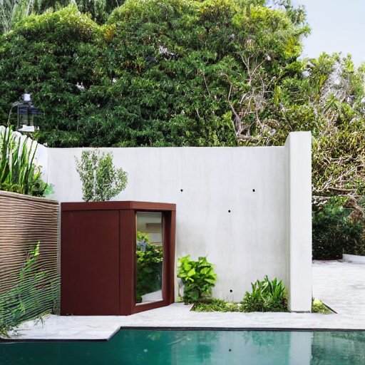 small elongated backyard with hut office, white walls, brown tile ground, plants on the sides, modern, high definition, detailed, concrete and glass, architecture, fountain, children playground, photograph, magazine cover, luxury 