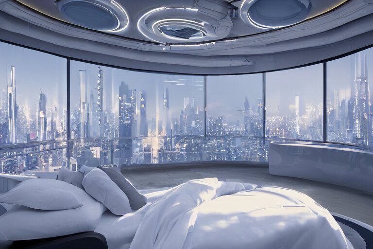 a futuristic luxury white bedroom with curved ceiling high windows looking out to a far future cyberpunk cityscape with many flying cars, night time, neon lights, cinematic 3d render, unreal engine 5, cgsociety