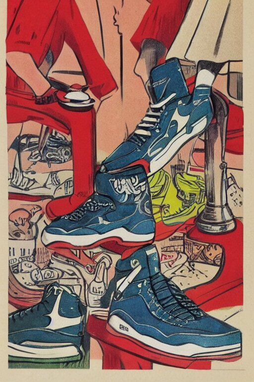 Jordan shoes in the style of a 50s by Frank Hampson and mcbess, 1950s