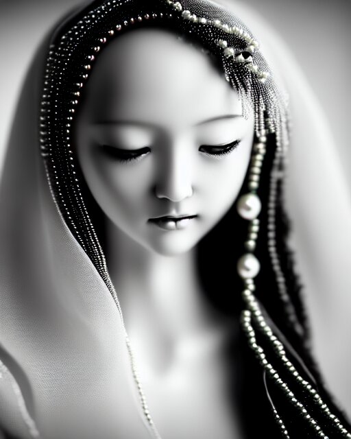 black and white dreamy young beautiful veiled female artificial intelligence, realistic pearl ornament in the face, long hair are intricate with highly detailed realistic pearls, cinematic, rim light, bokeh, photo - realistic, elegant, high detail, 8 k, masterpiece, photo taken in 1 9 3 0 