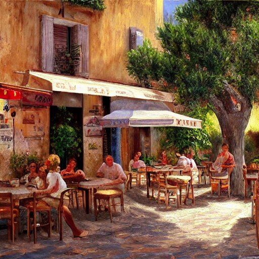 a traditional pizzeria in the street of a small village on the riviera. a terrace in the shade of a hundred - year - old olive tree, a friendly atmosphere around pizzas and rose wine. dolce vita. unreal engine rendering, hyper realist, ultra detailed, oil painting, warm colors, happy, impressionism, da vinci, 