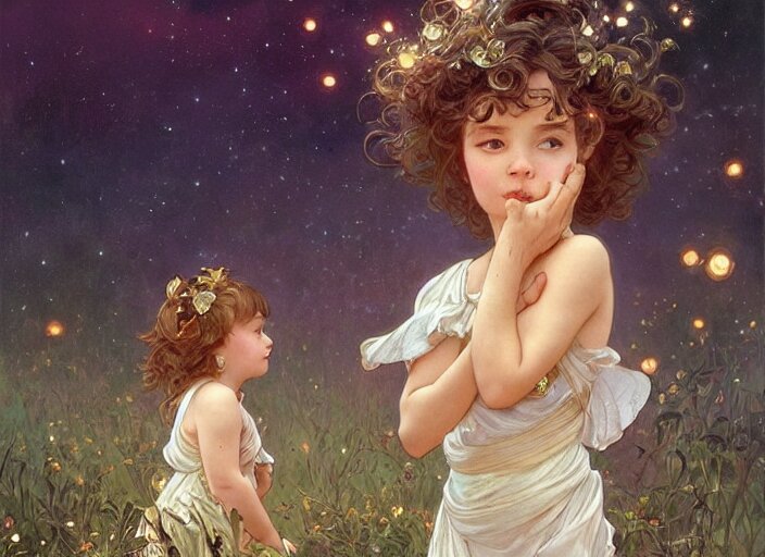 A cute little girl with shoulder length curly brown hair and a cute little boy with short blonde hair dancing with fireflies. beautiful fantasy art by By Artgerm and Greg Rutkowski and Alphonse Mucha, trending on artstation.