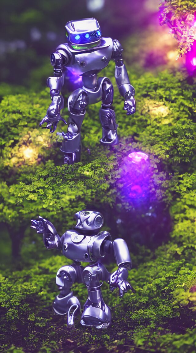small toy robot in a garden, hyper detailed, sharp focus, bokeh, unreal engine, ray tracing, cute, fantasy, sci fi, purple lights, tiny, small 