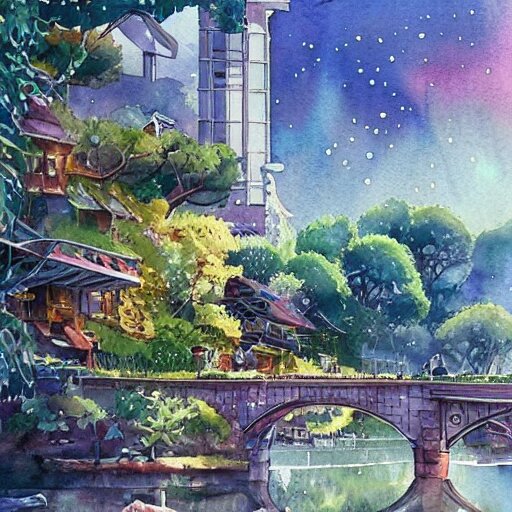 Beautiful happy picturesque charming sci-fi town in harmony with nature. Beautiful light. Water and plants. Nice colour scheme, soft warm colour. Beautiful detailed watercolor by Lurid. (2022)