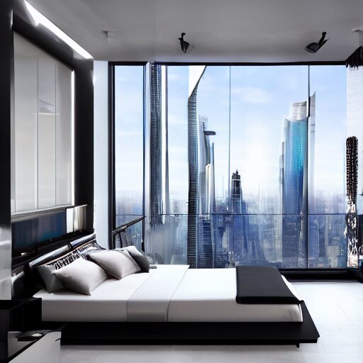 a futuristic luxury white bedroom with ceiling high windows looking out to a cyberpunk cityscape