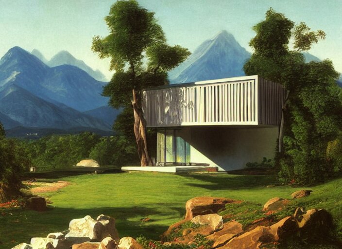 painting of a richard neutra house in front of beautiful mountains by thomas cole 