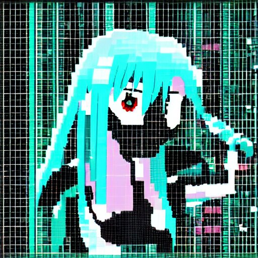 hatsune miku, pixel art, glitch, cyberpunk 