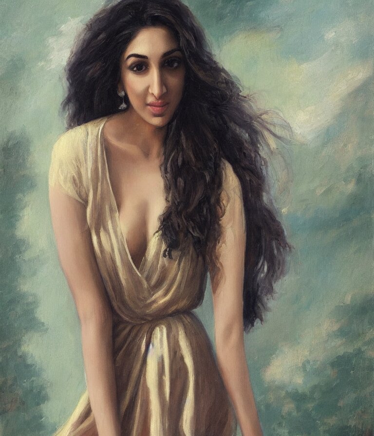 Kiara Advani in V-neck dress. history painting, dusk, flowy dress Kiara Advani, artstation, oil on canvas, by Albert Aublet, Private Collection