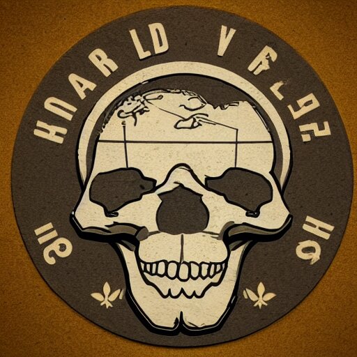 an old logo representing a skull mixed with a world map