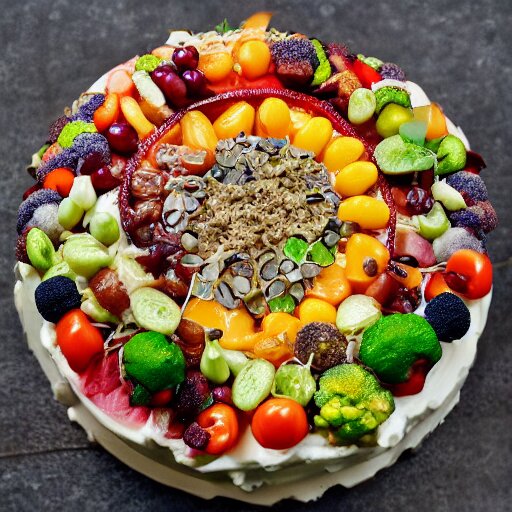 photo of a cake with vegetables toppings 