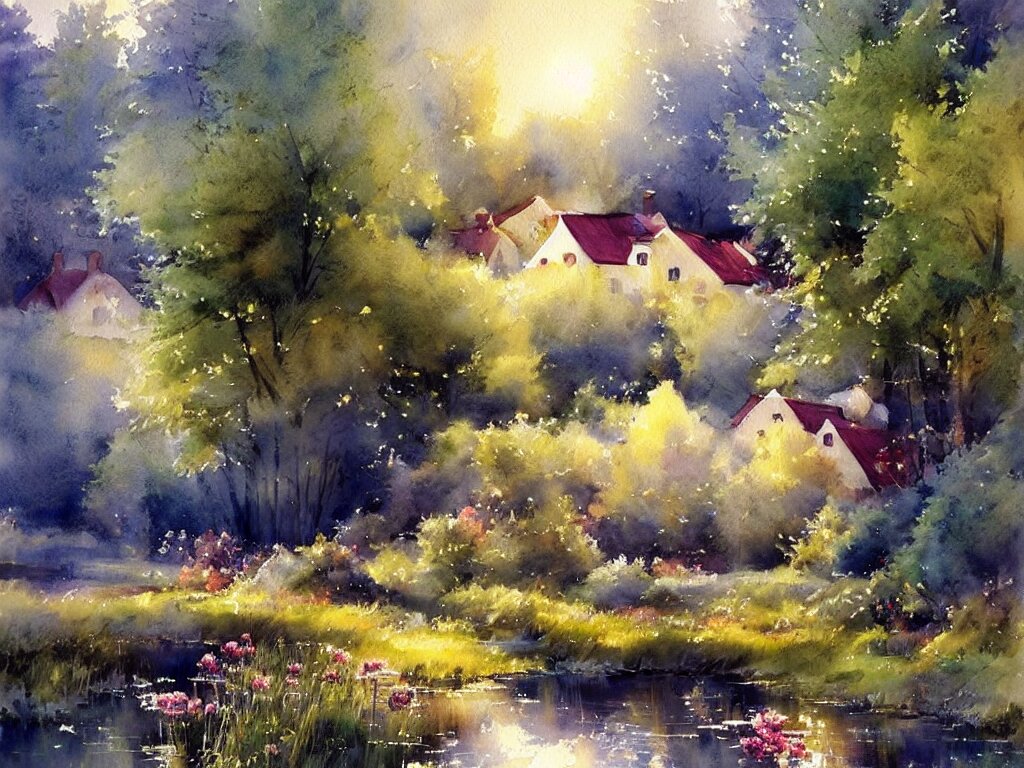 a beautiful night in the swedish countryside, watercolor painting by vladimir volegov 