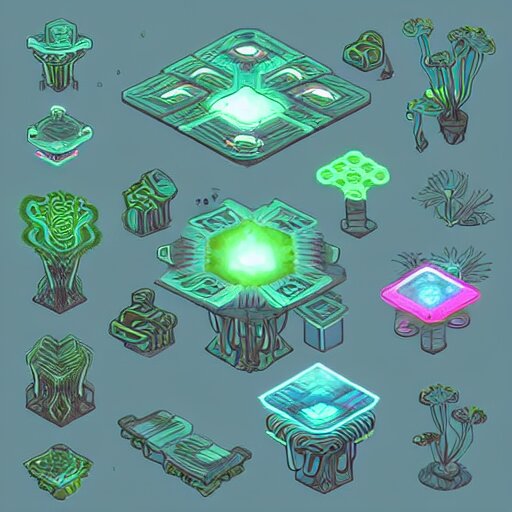 concept art 2 d game asset of furniture with an organic isometric design based on bioluminescent alien - like plants inspired by the avatar's bioluminescent alien nature. around the furniture, we can see plants that glow in the dark. all in isometric perspective and semi - realistic style item is in a black background colorful neons surrealistic masterpiece 