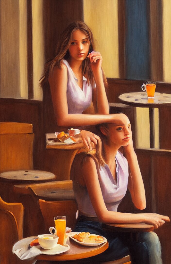 a portrait of a beautiful girl sitting in a cafe, cuban setting, warm colors, soft lighting, atmospheric, cinematic, moody, in the style of diego koi, gina heyer, luiz escanuela, art by alyssa monk, hyperrealism, rule of thirds, oil on canvas, 8 k 