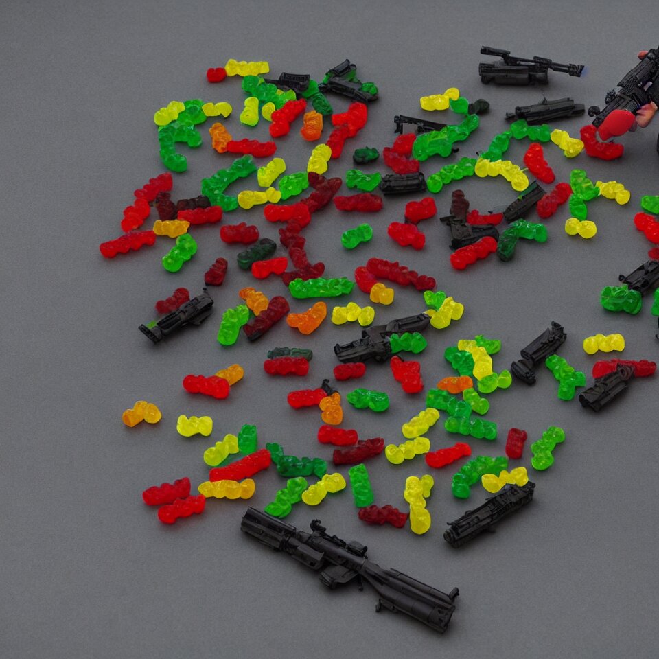 gummy bear tanks with infantry shooting gummy worms assault rifles trending on artstation 4 k cinematic action masterpiece 