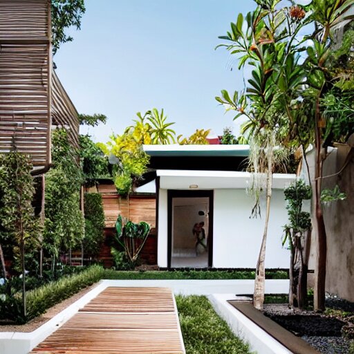 small elongated backyard with hut office, white walls, brown tile ground, plants on the sides, modern, high definition, detailed, concrete and glass, architecture, fountain, children playground, photograph, magazine cover, luxury 