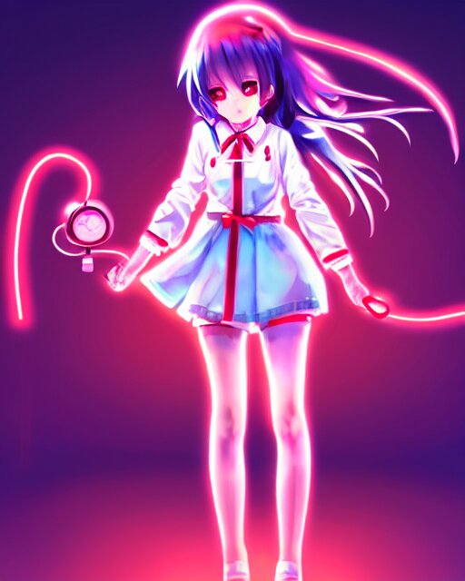 anime style, vivid, expressive, full body, 4 k, painting, a cute magical girl with a long wavy hair wearing a nurse outfit, correct proportions, realistic light and shadow effects, neon lights, centered, simple background, studio ghibly makoto shinkai yuji yamaguchi 