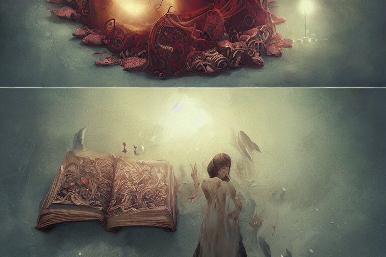 Pages of a book with strange and mystical creatures scary and dangerous, concept art, inspired by Reylia Slaby, Guillermo del Toro, trending on artstation, volumetric lighting, intricate, ornate, CGsociety