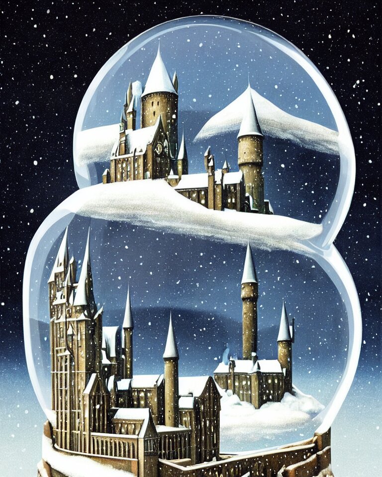 an achingly beautiful print of one snow globe with hogwarts inside by raphael, hopper, and rene magritte. detailed, proportional, romantic, vibrant, enchanting, trending on artstation 