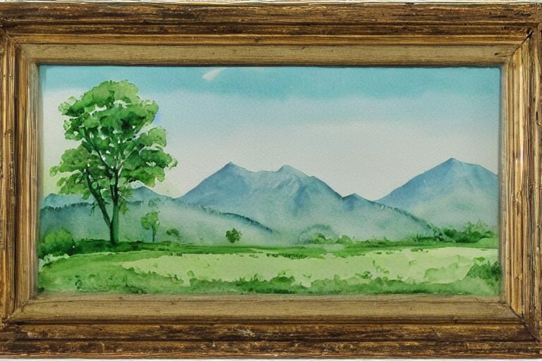 green landscape with trees and mountains in the distance, watercolor 