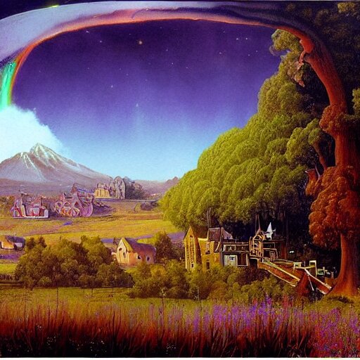 a beautiful painting renaissance painting by bob ross and lawlery botticello, panorama, psychedelic painting dark dusty village apparition, by bruce pennington and vincent jusko, watercolor, 2 d game art 