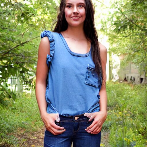 the girl is wearing a tank top, with sleeves cut off, blue three pocket jeans 