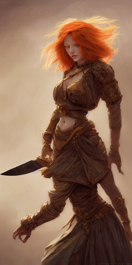 ginger girl with problems dringing in an ancien taver and playing with a knife, magic the gathering, ancient, sand, emerald, intricate, highly detailed, digital painting, artstation, concept art, smooth, sharp focus, illustration, Unreal Engine 5, 8K, art by artgerm and greg rutkowski and alphonse mucha