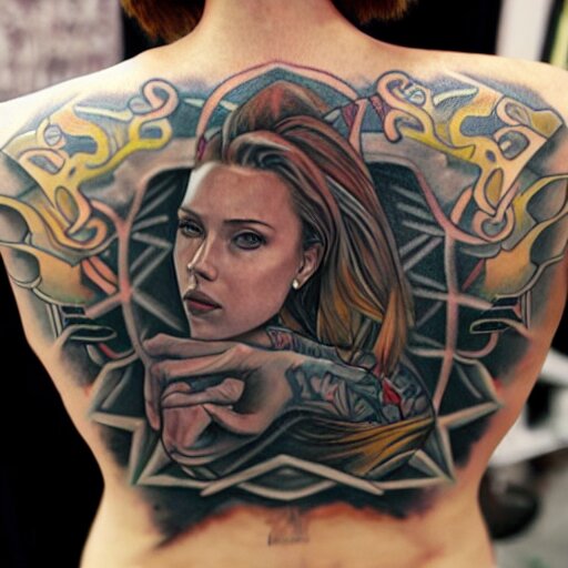 tattoo of Scarlett Johansson, by Loish, back tattoo