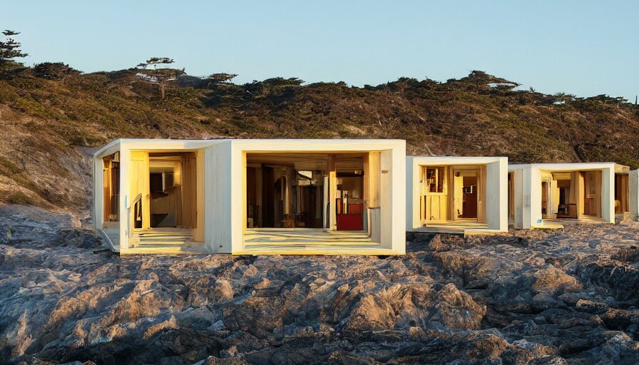 An architectural rending of an eco-community of contemporary 3D printed sea ranch style cabins with rounded corners and angles, beveled edges, made of cement and concrete, organic architecture, on the California coastline with side walks, parks and public space , Designed by Gucci and Wes Anderson, golden hour