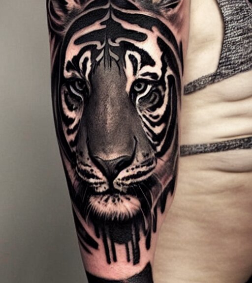 tattoo design of a beautiful girl warrior below a tiger head, hyper realistic, realism tattoo, by eliot kohek, beautiful eyes, realistic face, black and white, white background 