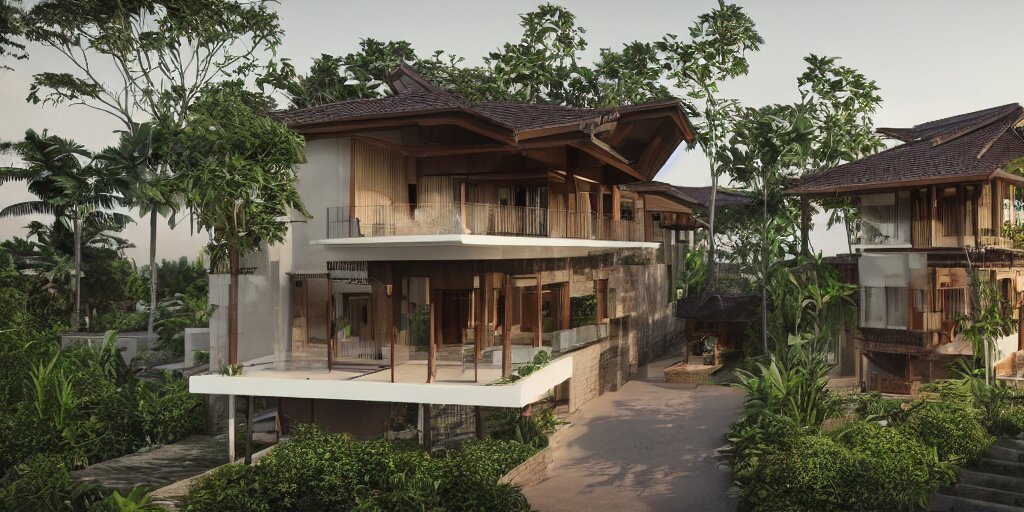 3d rendering  of beautiful nature meets architecture concept of a residential house. balinese architecture, volumetric lighting, luxury, high detail, 14mm, cinematic photography, cg architects,  high resolution