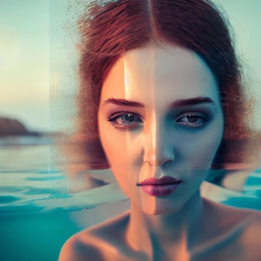 alluring portrait woman made of glass emerging out of the ocean at sunset, realistic reflections, translucency, ray tracing, 3 - d render, intricate details, masterpiece, surreal, style of jovana rikalo 