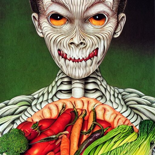 a beautiful plate of vegetables, by junji ito, by laurie lipton, by bernie wrightson, masterpiece, stunning, hyper realistic, lots of colours, 8 k 