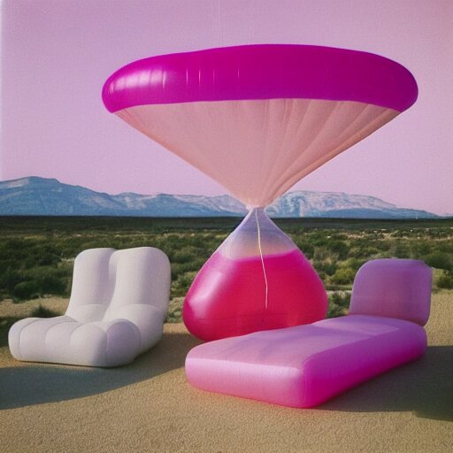 a pastel colour high fidelity Polaroid art photo from a holiday album at a pink desert with abstract inflatable parachute furniture, all objects made of transparent iridescent Perspex and metallic silver, no people, iridescence, nostalgic