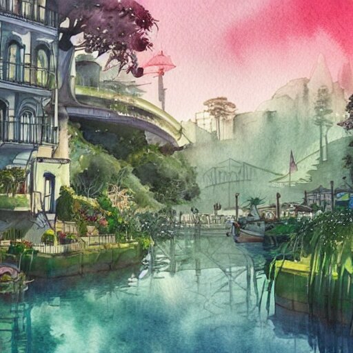 Beautiful happy picturesque charming sci-fi town in harmony with nature. Beautiful light. Water and plants. Nice colour scheme, soft warm colour. Beautiful detailed watercolor by Lurid. (2022)