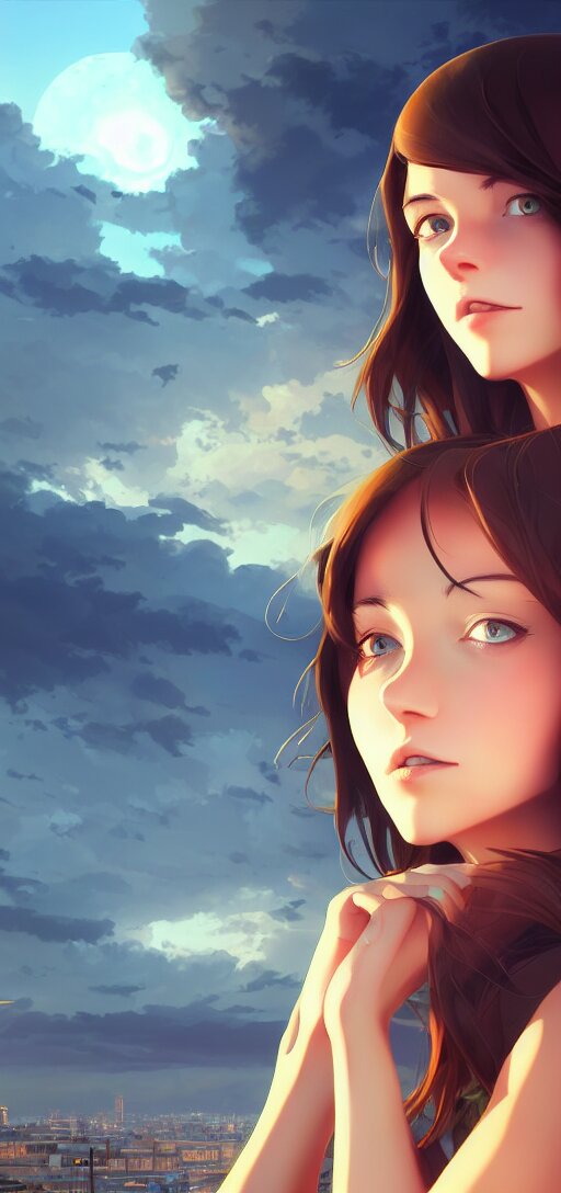 a beautiful british woman with short brown hair, gentle, somber amber eyes, standing on a rooftop, storm in the distance, basic clothing, digital art by makoto shinkai ilya kuvshinov and wojtek fus, digital art, concept art, 