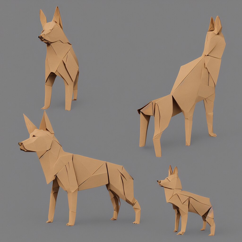 3 d rendering of japanese cardboard origami of simplified shape of german shepherd, 2 d image, trending on artstation 