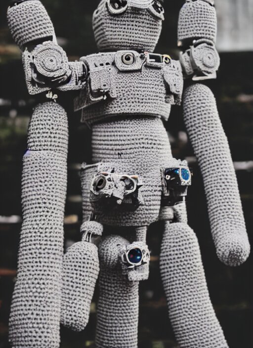 a crochet mecha, realistic, intricate, many details, no cropping, full body, Sigma 50 mm f/1.4