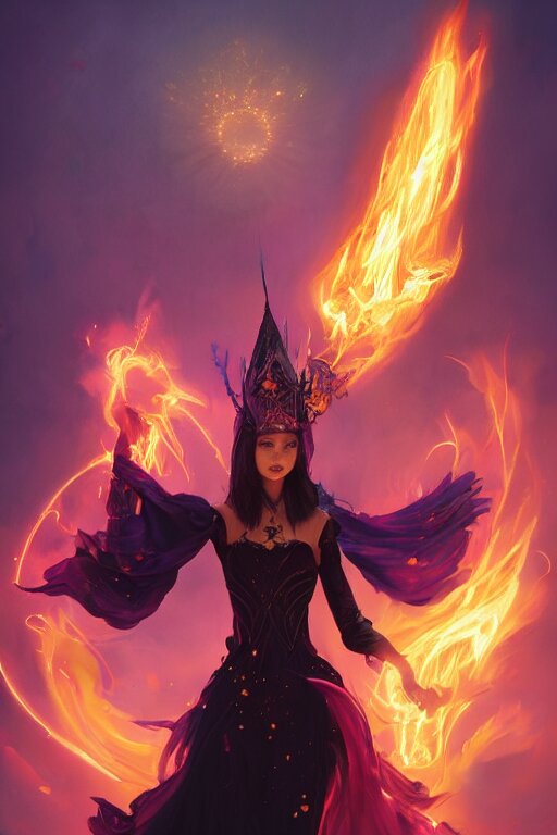 a fancy portrait of a beautiful dark magician girl with a large witches hat covered in colourfull flames by Greg Rutkowski, Sung Choi, Mitchell Mohrhauser, Maciej Kuciara, Johnson Ting, Maxim Verehin, Peter Konig, final fantasy , mythical, 8k photorealistic, cinematic lighting, HD, high details, atmospheric,