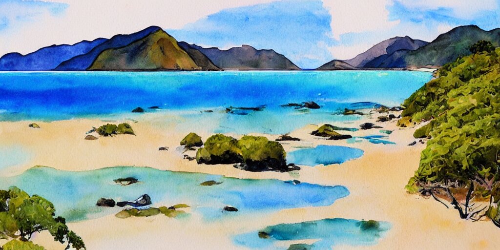 golden bay new zealand, abel tasman, colorful watercolor painting, trending on artstation