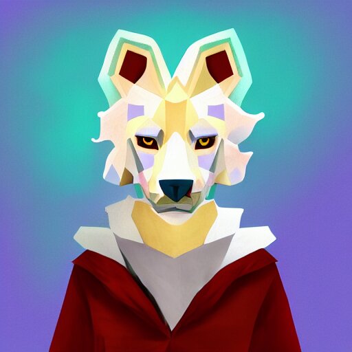 aesthetic albino dog fursona portrait, commission of a anthropomorphic lion on fire, fursona wearing stylish clothes, winter armosphere, pastel simple art, low poly 