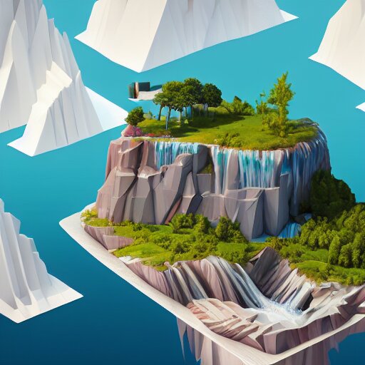 manhattan on a floating island in the sky, waterfalls falling down, low poly art, isometric art, 3d render, ray tracing, high detail, artstation, concept art, behance, smooth, sharp focus, ethereal lighting